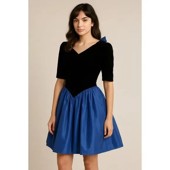 Vtg Jessica McClintock GUNNE SAX Black Velvet Blue Taffeta Party Dress Sz 5/6 - Picture 1 of 8